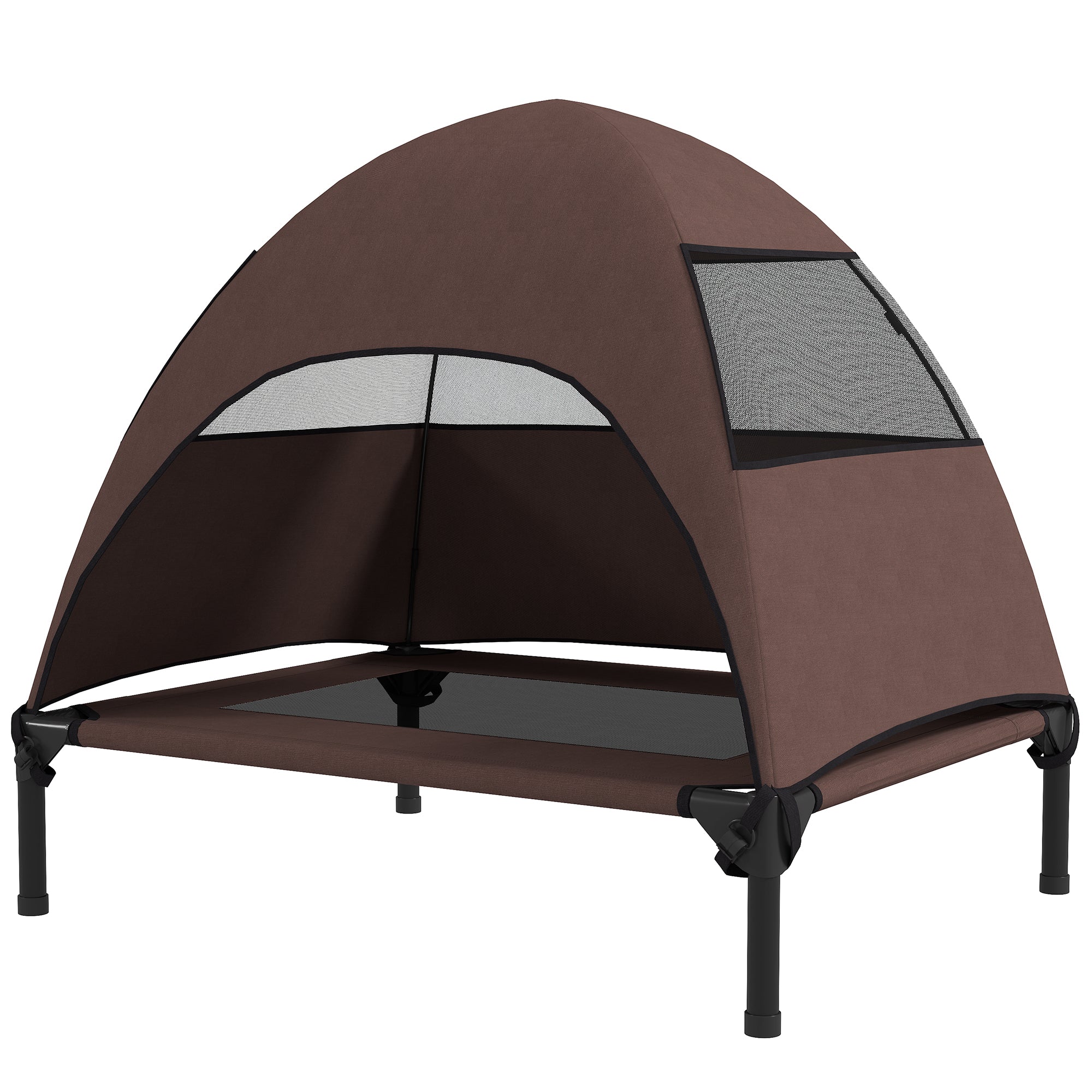 Outdoor Dog Lounge with Roof, Elevated Dog Bed for Medium Dogs, Cooling Pet Lounge with Washable Mesh Metal Frame Carry Bag, Pet Bed for Outdoor Camping 76x61x71cm, Coffee