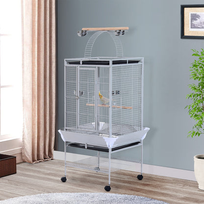 Bird Aviary with Wheels Height 161.5cm, Steel Trays, and Wooden Perches, Silver