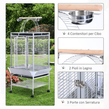Bird Aviary with Wheels Height 161.5cm, Steel Trays, and Wooden Perches, Silver