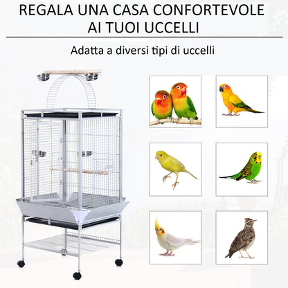 Bird Aviary with Wheels Height 161.5cm, Steel Trays, and Wooden Perches, Silver