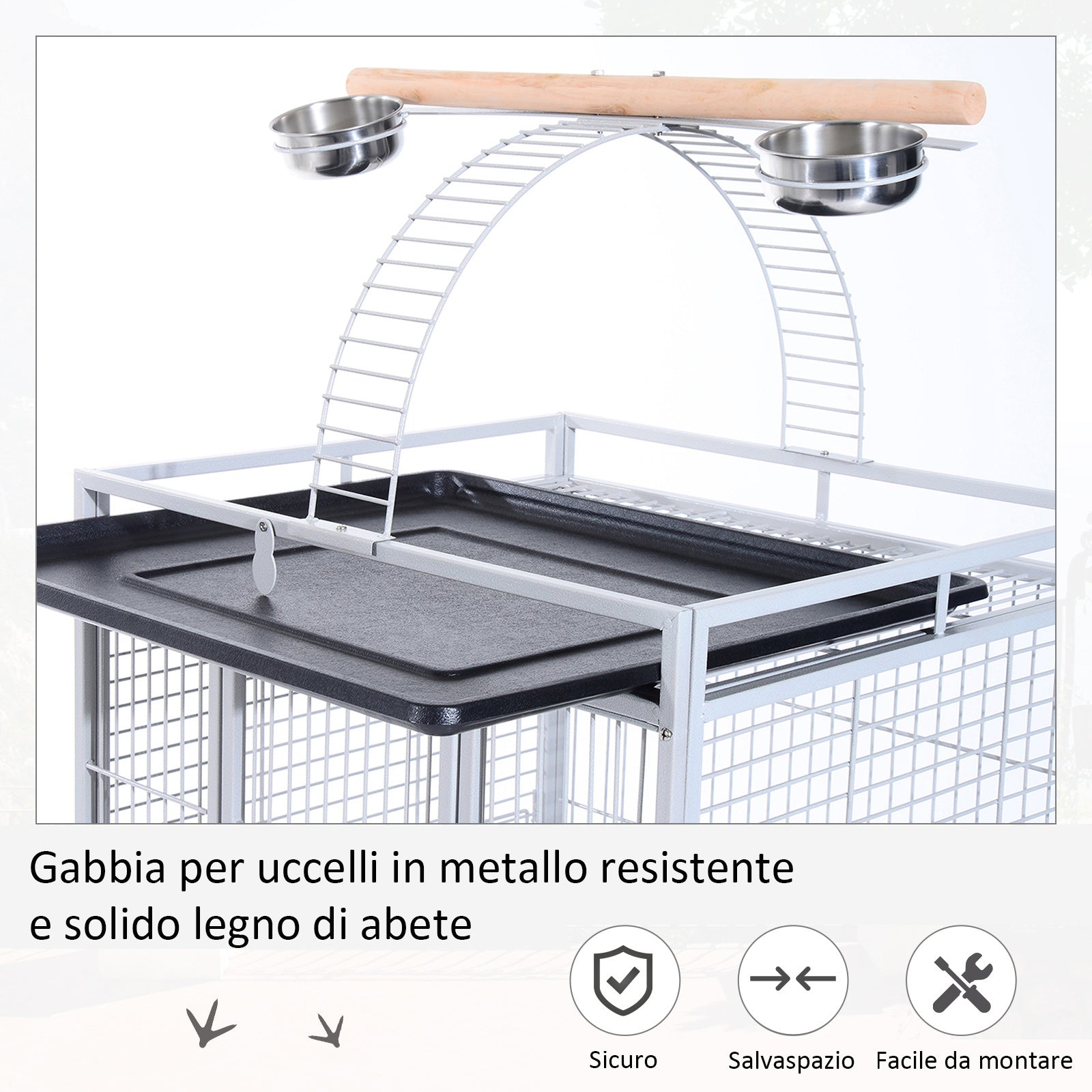 Bird Aviary with Wheels Height 161.5cm, Steel Trays, and Wooden Perches, Silver