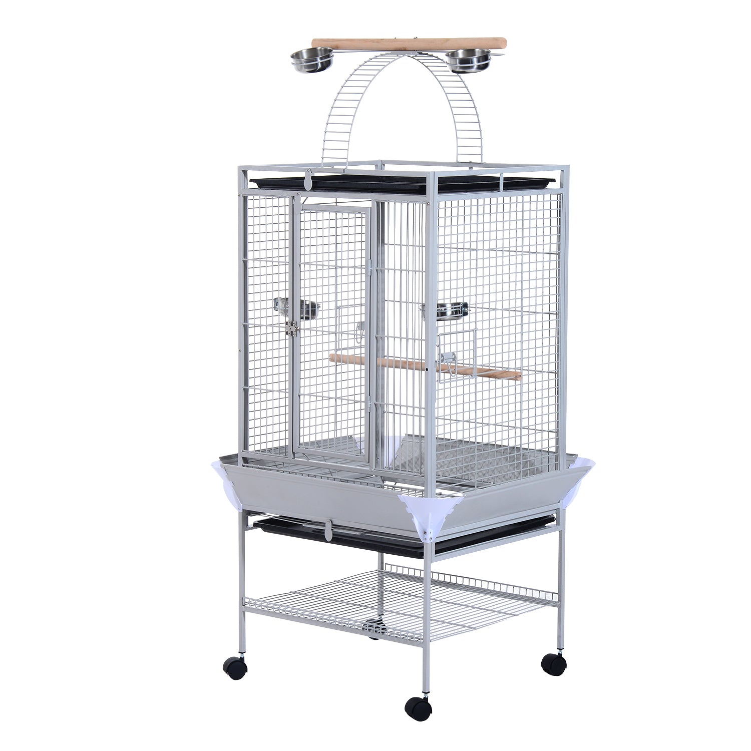 Bird Aviary with Wheels Height 161.5cm, Steel Trays, and Wooden Perches, Silver