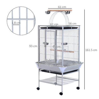 Bird Aviary with Wheels Height 161.5cm, Steel Trays, and Wooden Perches, Silver