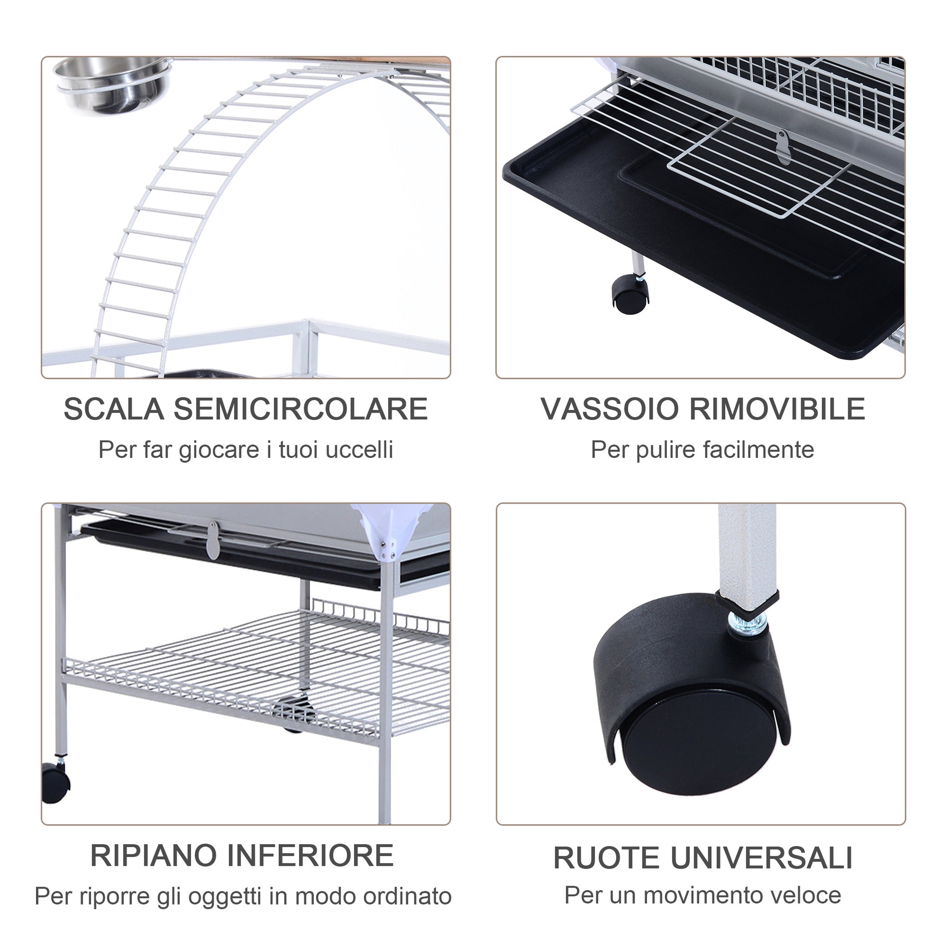 Bird Aviary with Wheels Height 161.5cm, Steel Trays, and Wooden Perches, Silver