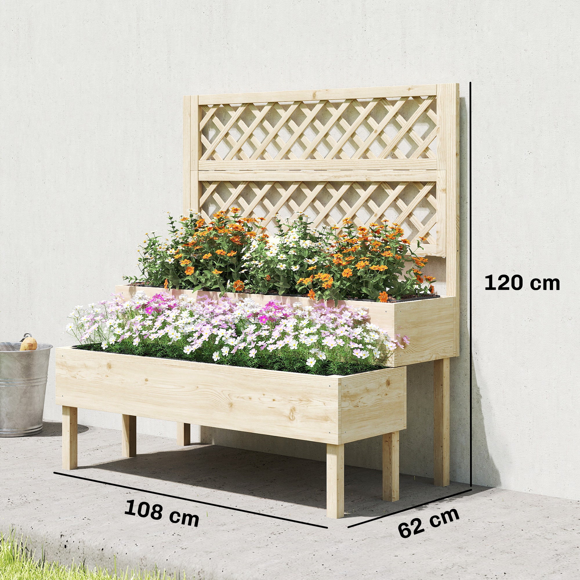 2-Tier Raised Planter with Trellis — 2 Fabric-Lined Wooden Plant Boxes for Climbing Plants, 108 x 62 x 120 cm (42.5 x 24.4 x 47.2 in)