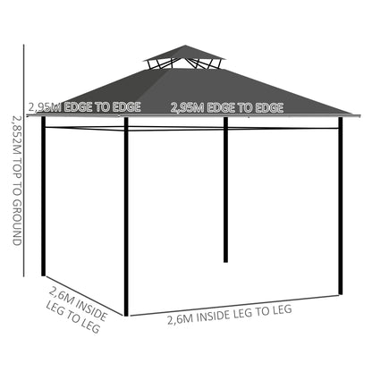 Pavilion approx. 3 x 3 m, Garden Tent with Side Wall, Party Tent with Double Roof, Weatherproof Event Tent, Garden Gazebo, for Balcony, Terrace, Metal, Dark Gray