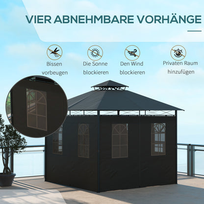Pavilion approx. 3 x 3 m, Garden Tent with Side Wall, Party Tent with Double Roof, Weatherproof Event Tent, Garden Gazebo, for Balcony, Terrace, Metal, Dark Gray