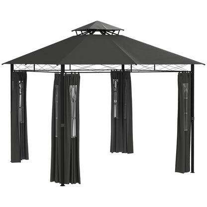 Pavilion approx. 3 x 3 m, Garden Tent with Side Wall, Party Tent with Double Roof, Weatherproof Event Tent, Garden Gazebo, for Balcony, Terrace, Metal, Dark Gray
