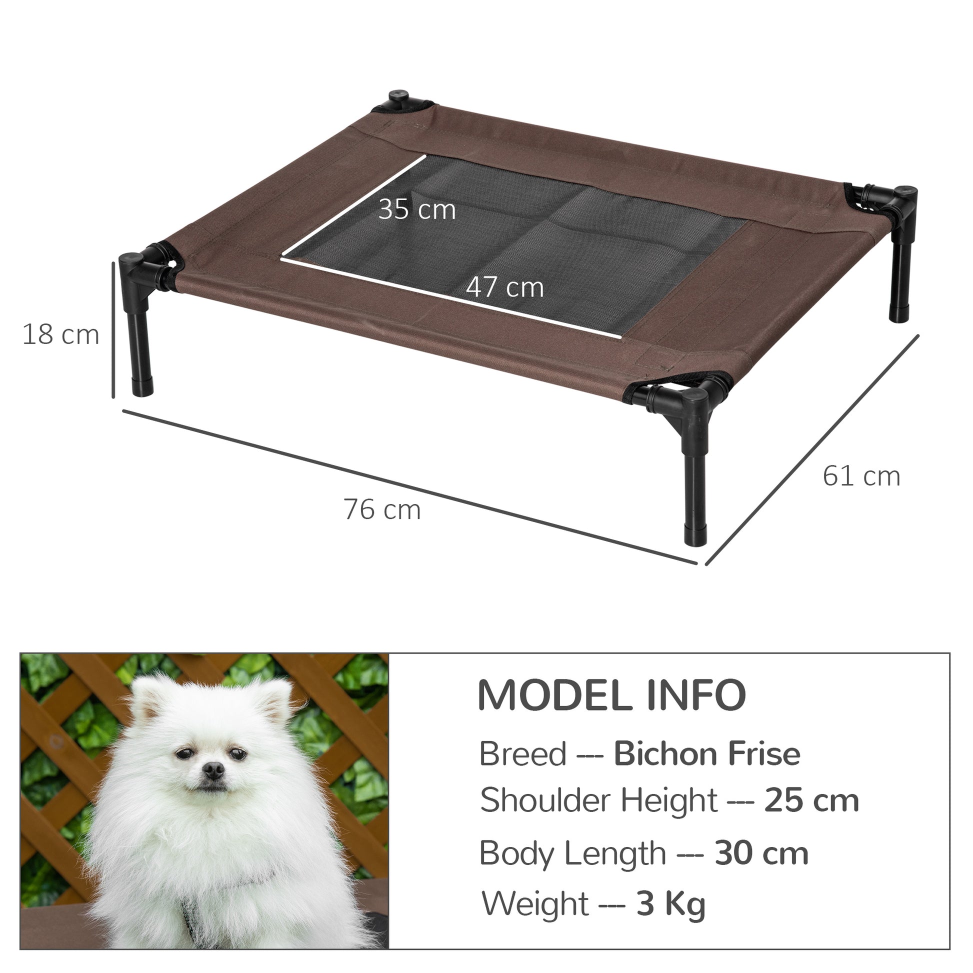 Outdoor Dog Lounger, Elevated Dog Bed for Medium Large Dogs, Sturdy Pet Cot with Washable Mesh, Cat Bed Pet Bed Sleeping Place for Outdoor Camping, 76 x 61 x 18 cm, Brown