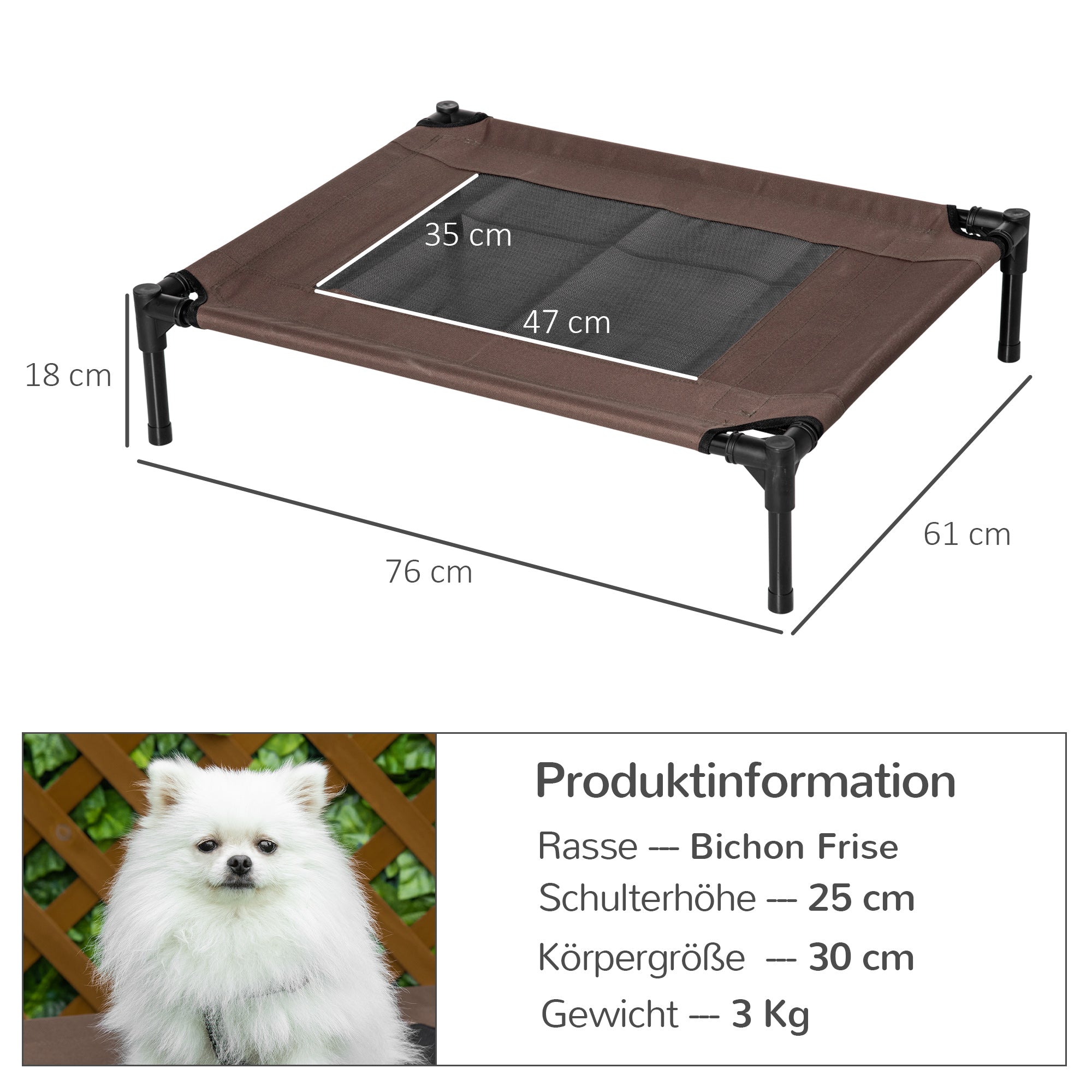 Outdoor Dog Lounger, Elevated Dog Bed for Medium Large Dogs, Sturdy Pet Cot with Washable Mesh, Cat Bed Pet Bed Sleeping Place for Outdoor Camping, 76 x 61 x 18 cm, Brown