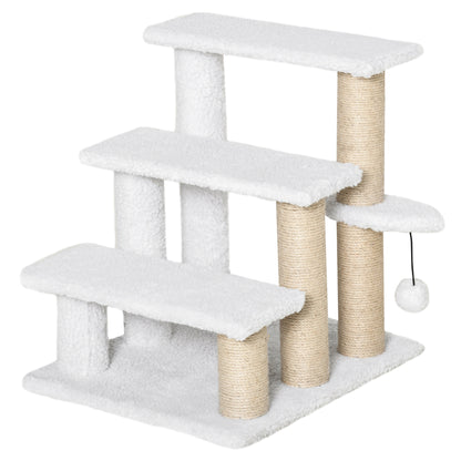 Cat Stairs 3-Step Pet Stairs with Scratching Posts Ball Dog Stairs Pet Stairs for Cats up to 5 kg Plush Jute White 45 x 40 x 48 cm