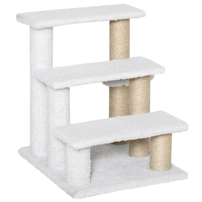 Cat Stairs 3-Step Pet Stairs with Scratching Posts Ball Dog Stairs Pet Stairs for Cats up to 5 kg Plush Jute White 45 x 40 x 48 cm