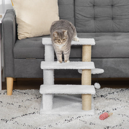 Cat Stairs 3-Step Pet Stairs with Scratching Posts Ball Dog Stairs Pet Stairs for Cats up to 5 kg Plush Jute White 45 x 40 x 48 cm