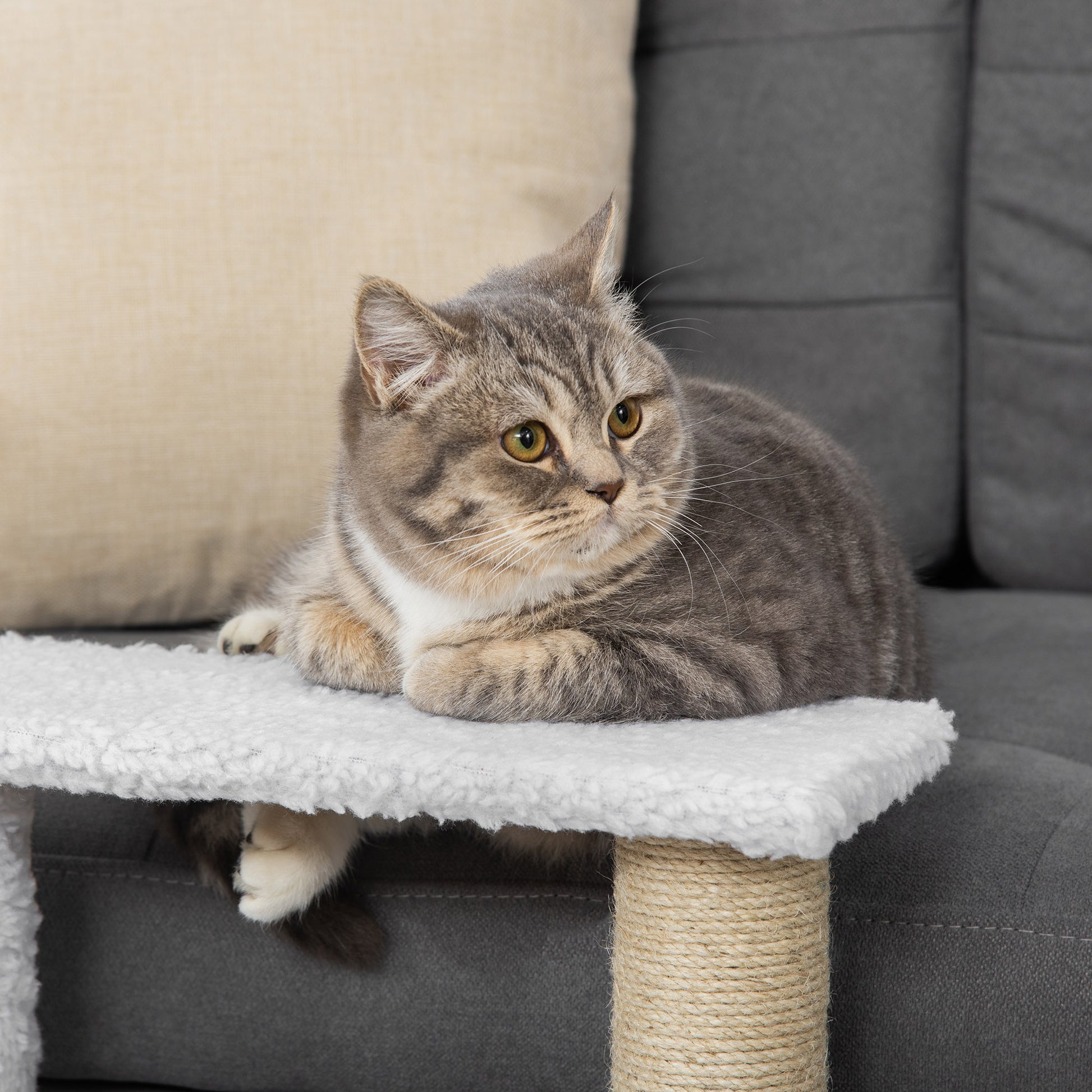 Cat Stairs 3-Step Pet Stairs with Scratching Posts Ball Dog Stairs Pet Stairs for Cats up to 5 kg Plush Jute White 45 x 40 x 48 cm