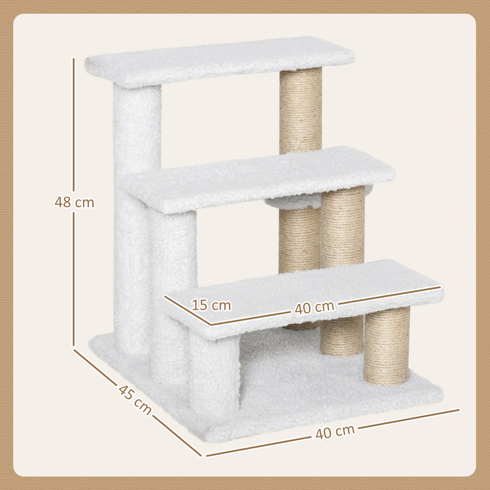 Cat Stairs 3-Step Pet Stairs with Scratching Posts Ball Dog Stairs Pet Stairs for Cats up to 5 kg Plush Jute White 45 x 40 x 48 cm