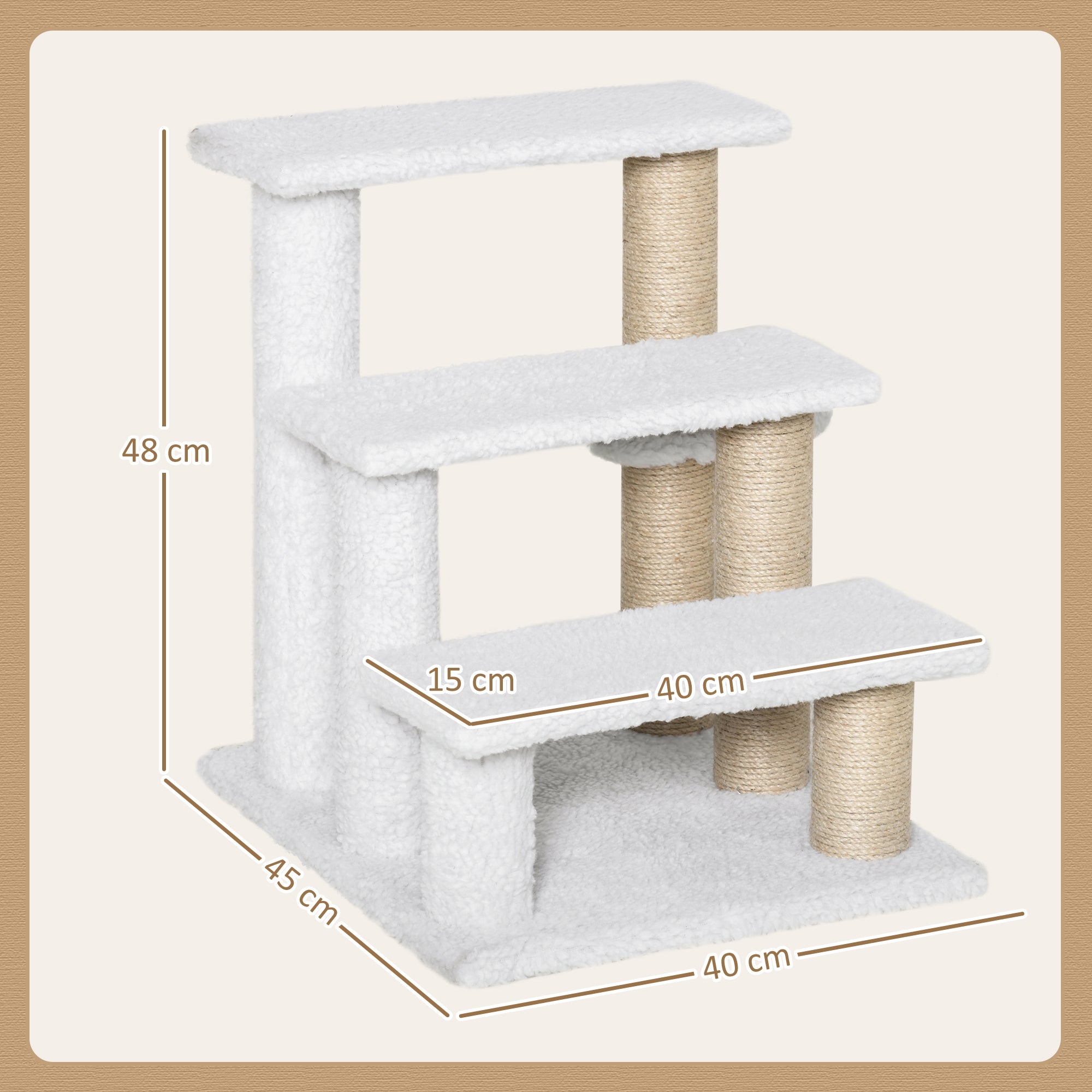 Cat Stairs 3-Step Pet Stairs with Scratching Posts Ball Dog Stairs Pet Stairs for Cats up to 5 kg Plush Jute White 45 x 40 x 48 cm