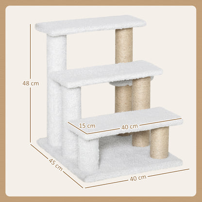 Cat Stairs 3-Step Pet Stairs with Scratching Posts Ball Dog Stairs Pet Stairs for Cats up to 5 kg Plush Jute White 45 x 40 x 48 cm