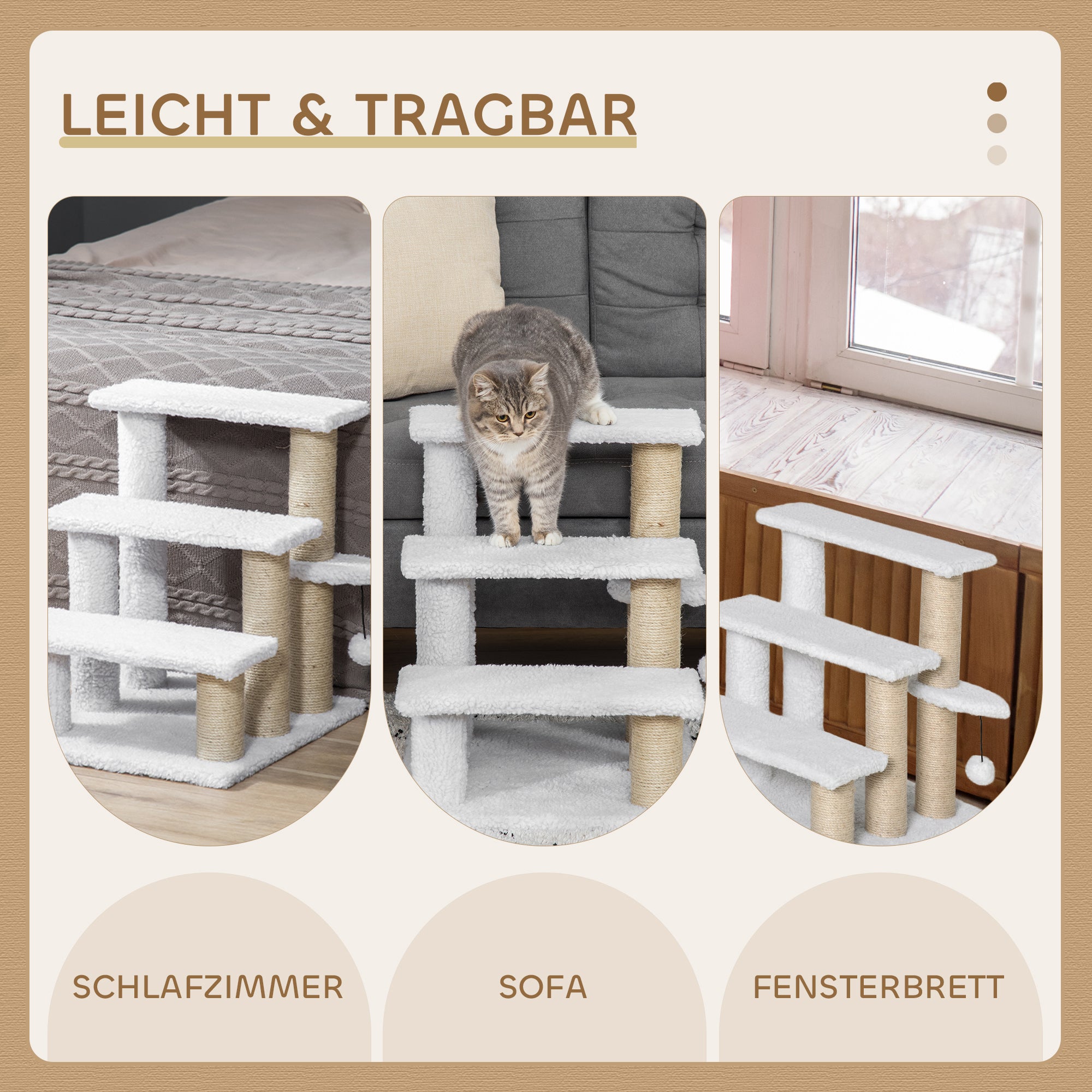 Cat Stairs 3-Step Pet Stairs with Scratching Posts Ball Dog Stairs Pet Stairs for Cats up to 5 kg Plush Jute White 45 x 40 x 48 cm