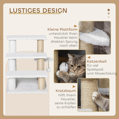 Cat Stairs 3-Step Pet Stairs with Scratching Posts Ball Dog Stairs Pet Stairs for Cats up to 5 kg Plush Jute White 45 x 40 x 48 cm