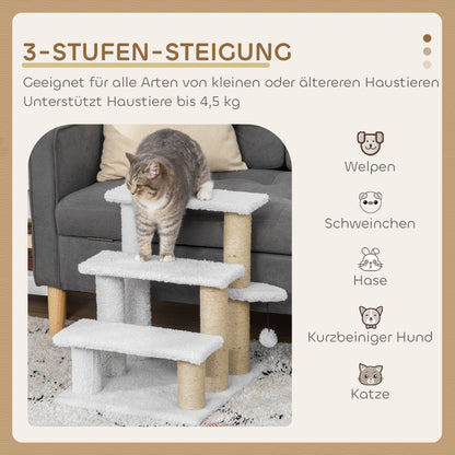 Cat Stairs 3-Step Pet Stairs with Scratching Posts Ball Dog Stairs Pet Stairs for Cats up to 5 kg Plush Jute White 45 x 40 x 48 cm