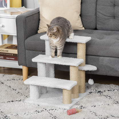Cat Stairs 3-Step Pet Stairs with Scratching Posts Ball Dog Stairs Pet Stairs for Cats up to 5 kg Plush Jute White 45 x 40 x 48 cm