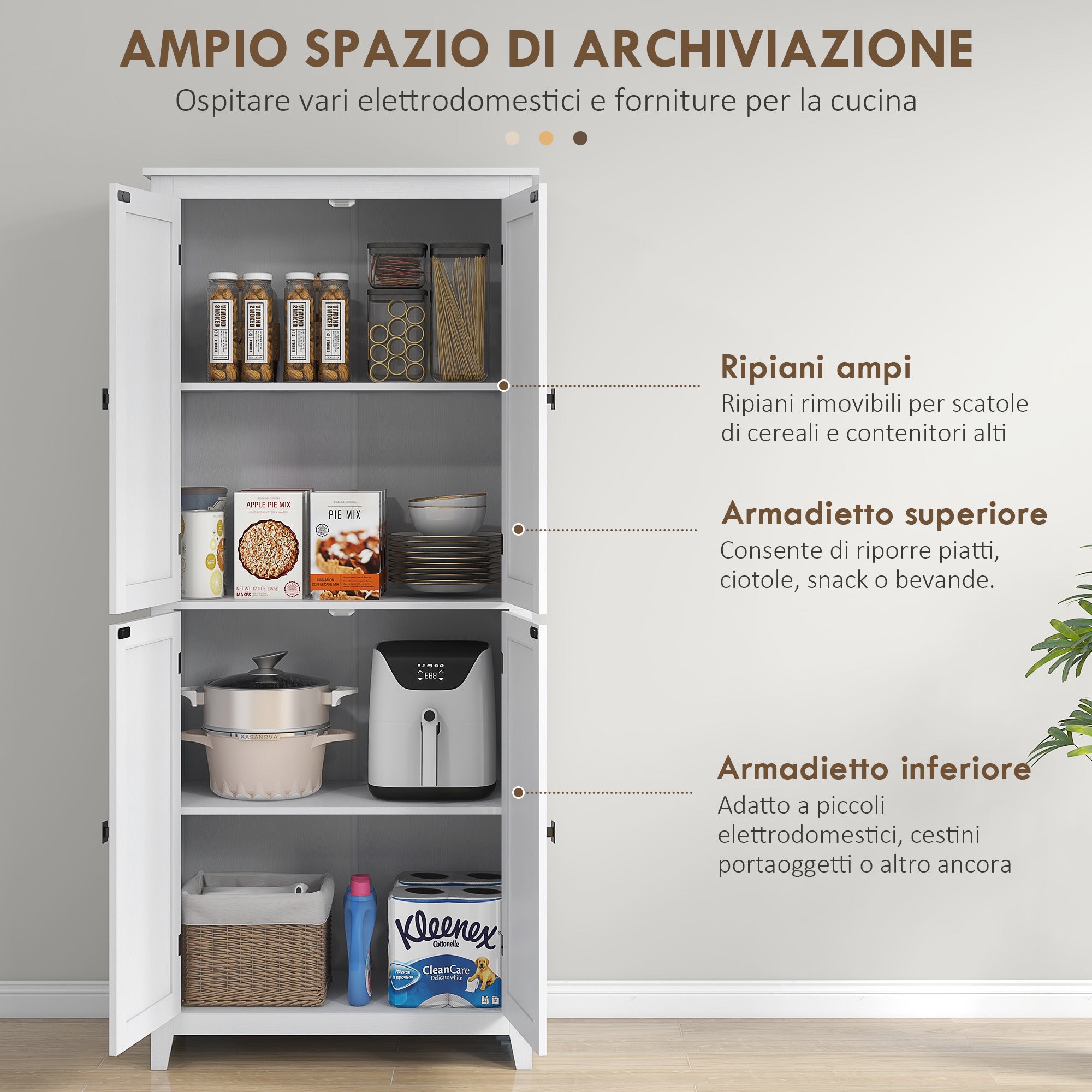Modern Sideboard with 4 Doors, Adjustable Shelves, and Raised Base, Wooden Kitchen Cabinet, 80x40x182 cm, White