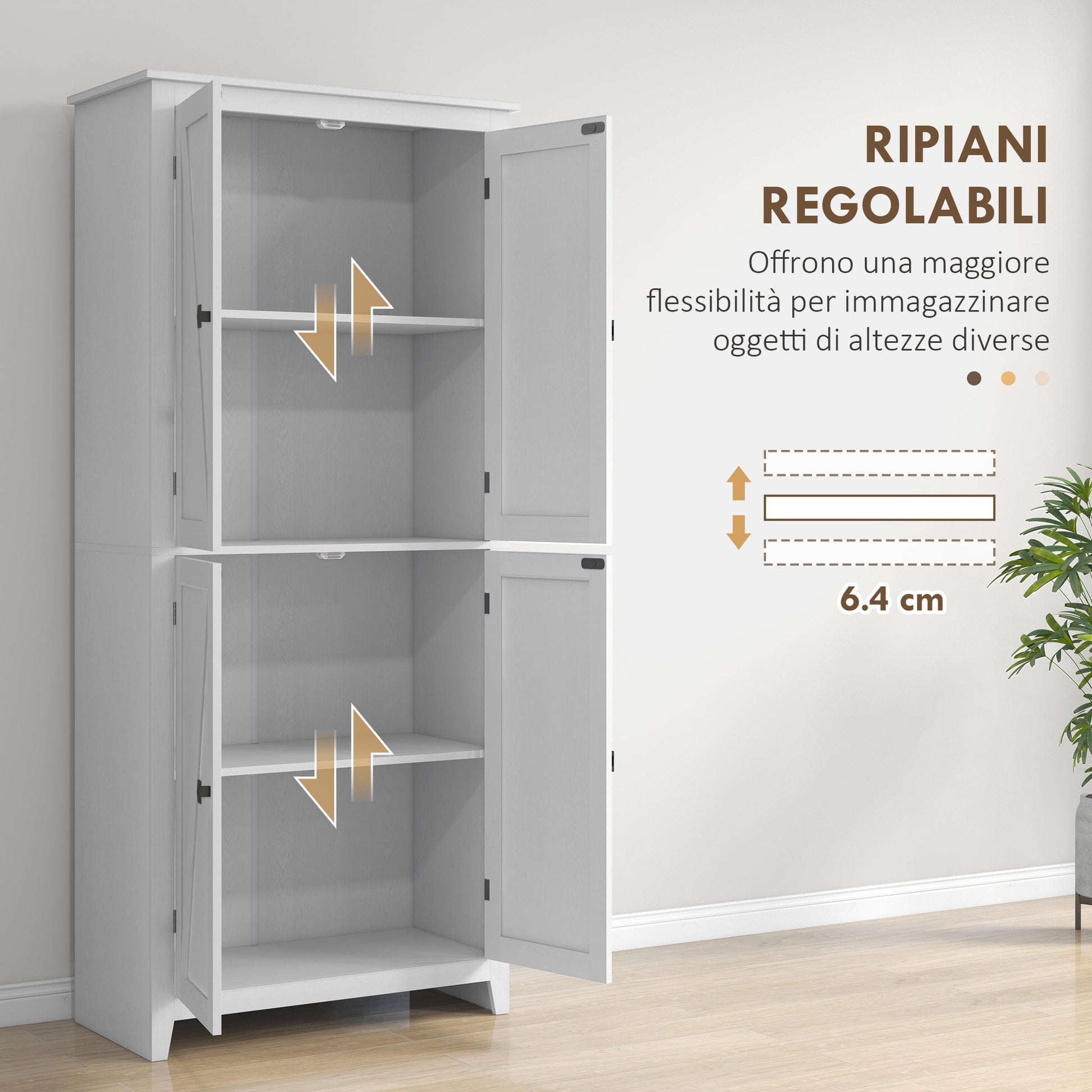 Modern Sideboard with 4 Doors, Adjustable Shelves, and Raised Base, Wooden Kitchen Cabinet, 80x40x182 cm, White