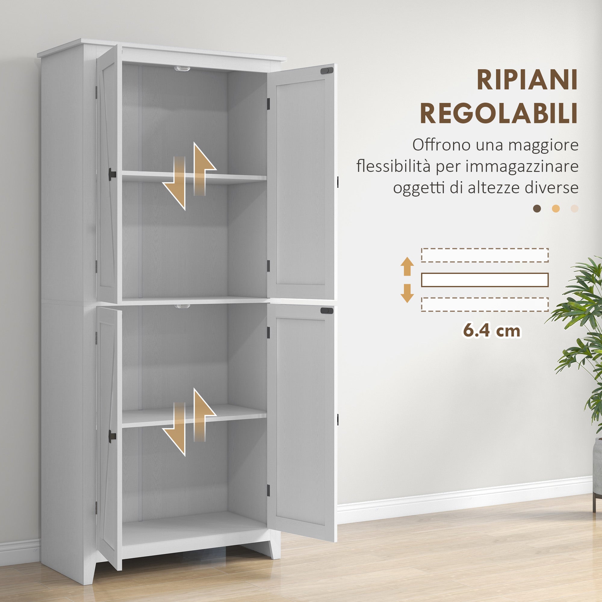 Modern Sideboard with 4 Doors, Adjustable Shelves, and Raised Base, Wooden Kitchen Cabinet, 80x40x182 cm, White