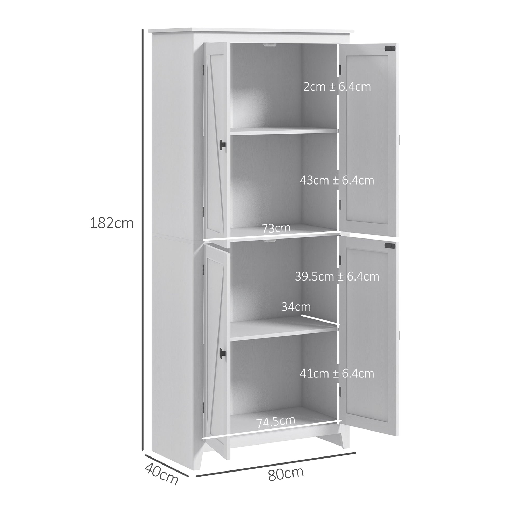 Modern Sideboard with 4 Doors, Adjustable Shelves, and Raised Base, Wooden Kitchen Cabinet, 80x40x182 cm, White