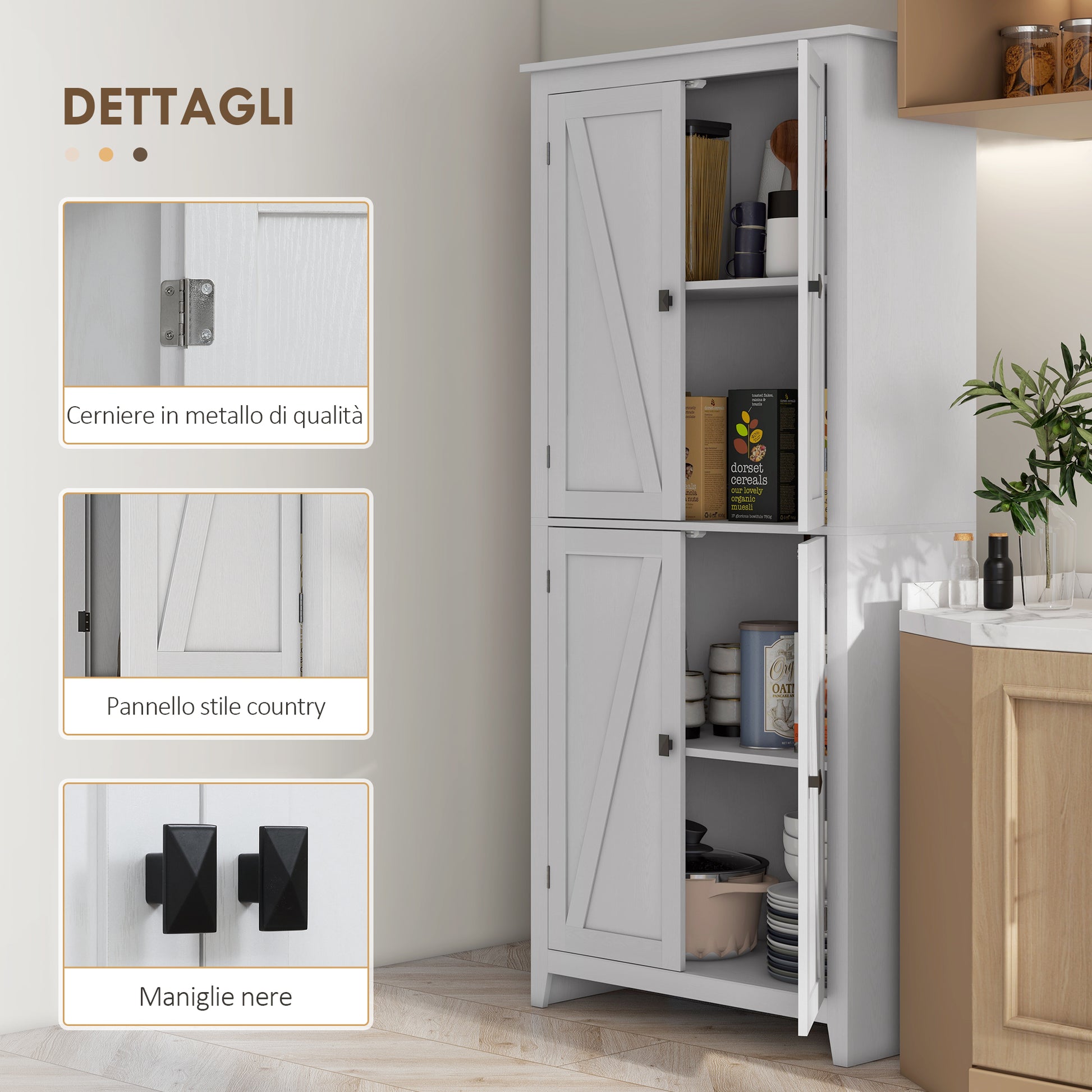 Modern Sideboard with 4 Doors, Adjustable Shelves, and Raised Base, Wooden Kitchen Cabinet, 80x40x182 cm, White