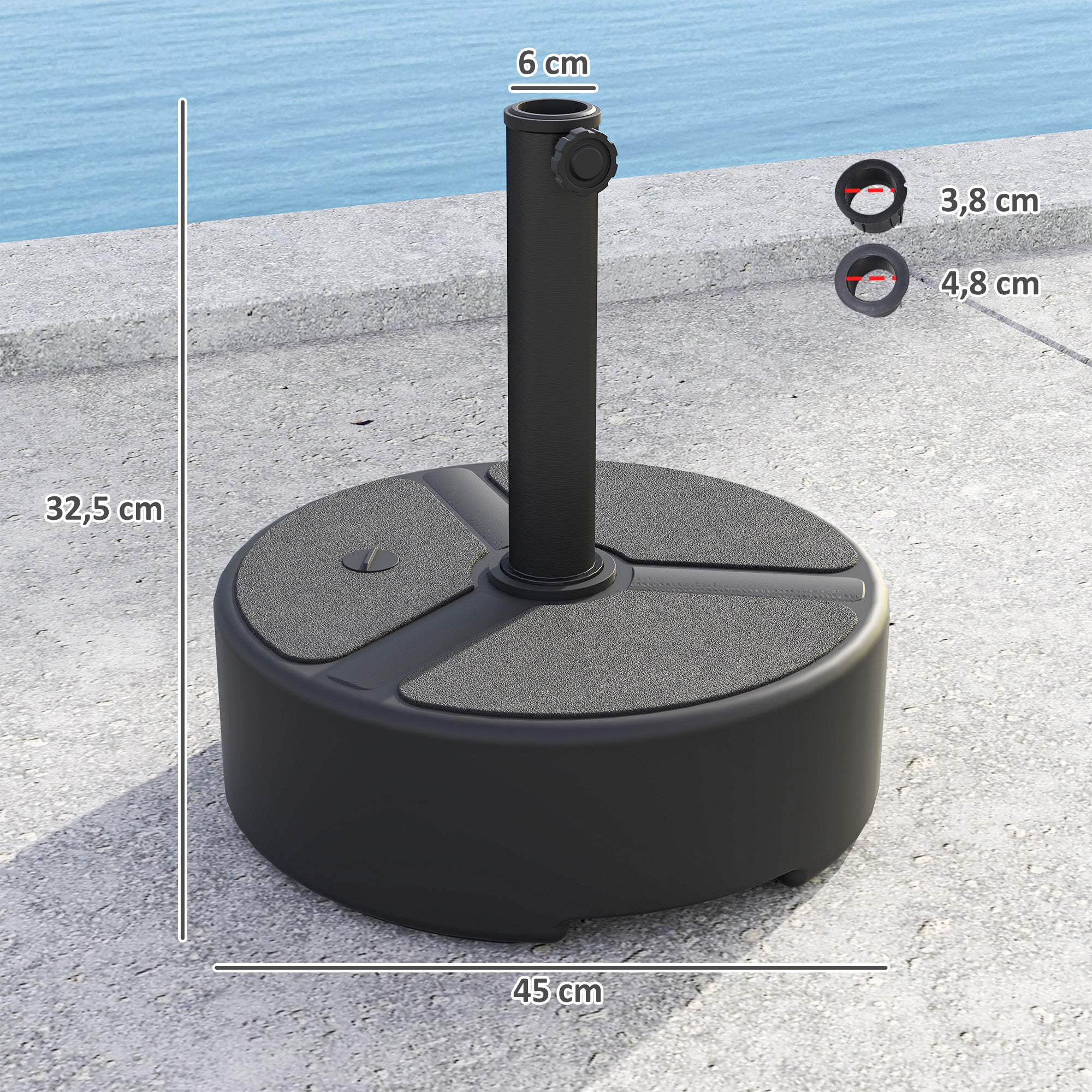 Fillable HDPE Umbrella Base — Round Stand for Ø38/Ø48 mm Poles, Holds 44 lb (20 kg) Sand or 40 lb (18 kg) Water, For Balcony/Patio/Garden — Black