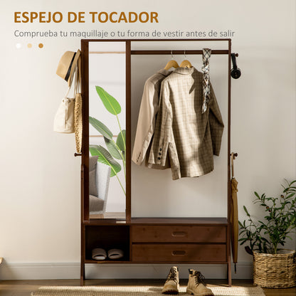 Bamboo Coat Rack with Bench Entryway Coat Rack with Mirror 2 Drawers 4 Hooks Bar and Storage Compartment for Bedroom Hallway 113x33x169.5 cm Brown