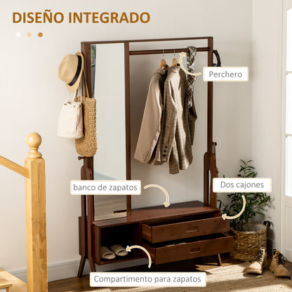 Bamboo Coat Rack with Bench Entryway Coat Rack with Mirror 2 Drawers 4 Hooks Bar and Storage Compartment for Bedroom Hallway 113x33x169.5 cm Brown