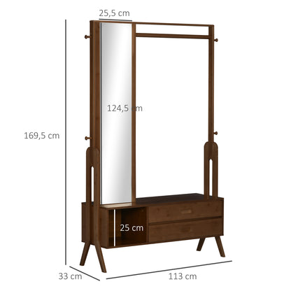 Bamboo Coat Rack with Bench Entryway Coat Rack with Mirror 2 Drawers 4 Hooks Bar and Storage Compartment for Bedroom Hallway 113x33x169.5 cm Brown
