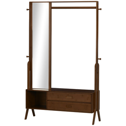 Bamboo Coat Rack with Bench Entryway Coat Rack with Mirror 2 Drawers 4 Hooks Bar and Storage Compartment for Bedroom Hallway 113x33x169.5 cm Brown