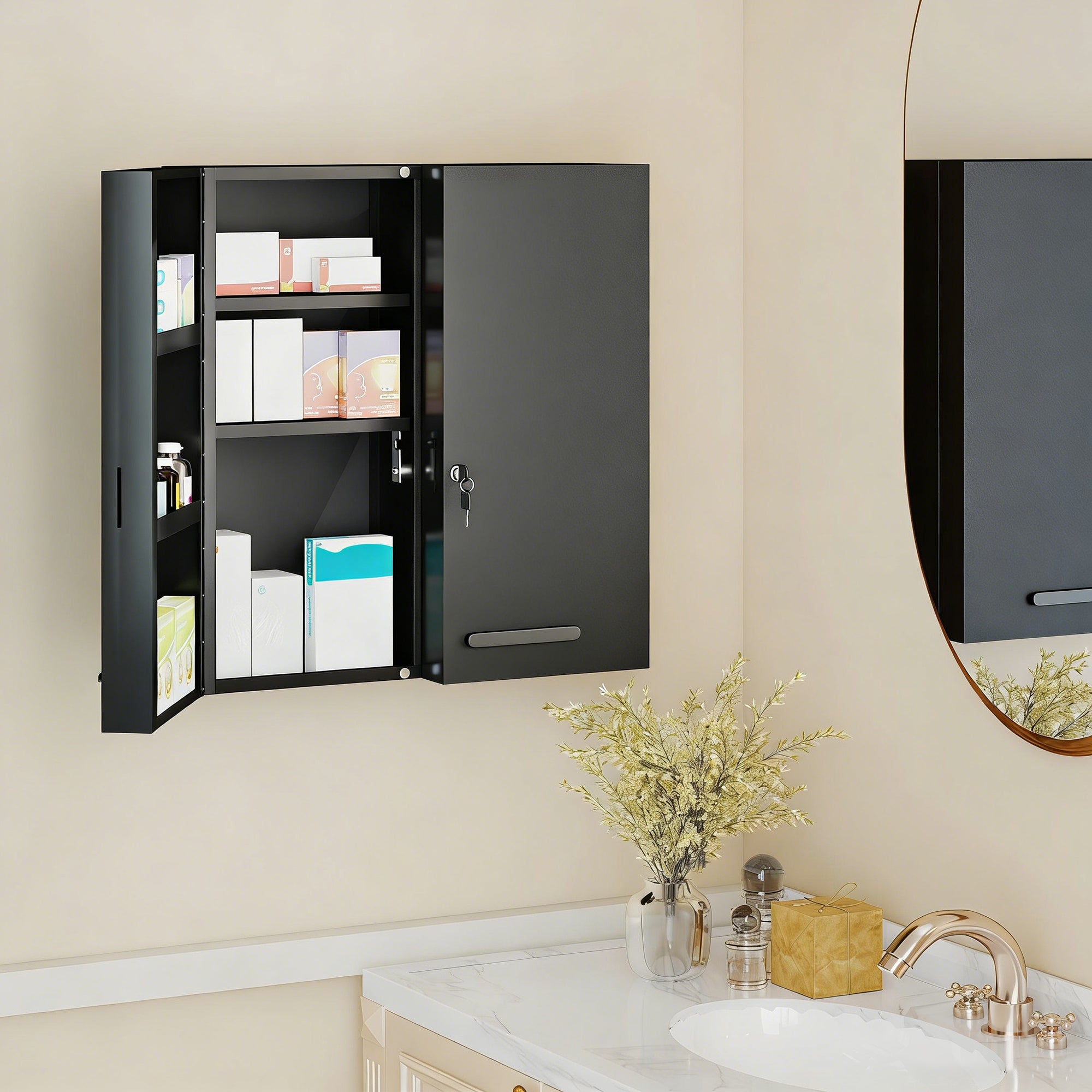 Lockable Medicine Cabinet, 2-Door, 6-Shelf Steel First Aid Cabinet, 21.7 x 7.1 x 23.6 in, Anthracite Black