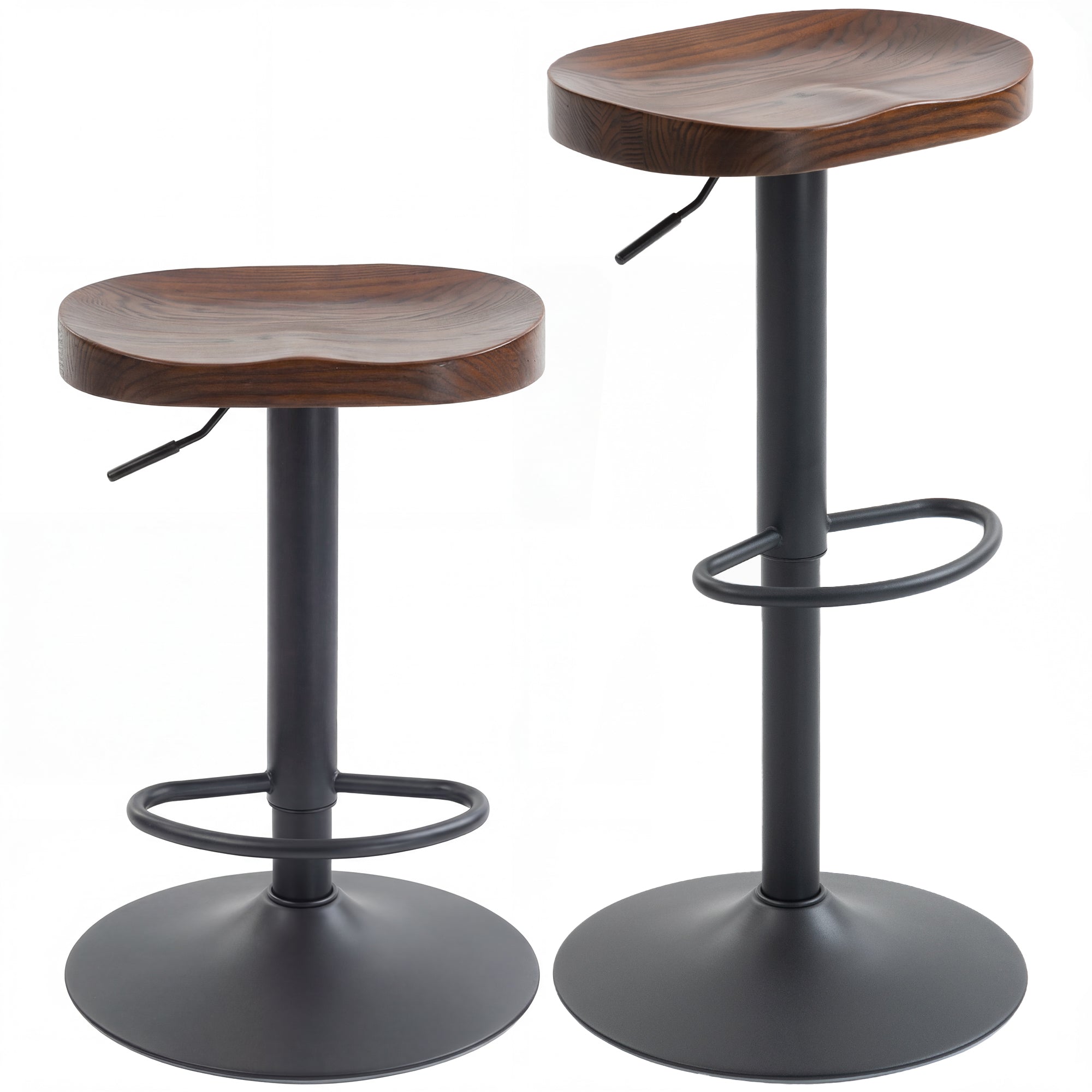 2-Pack Adjustable Swivel Bar Stools with Elm Saddle Seat, 24–32.3 in Height, Dark Brown/Black