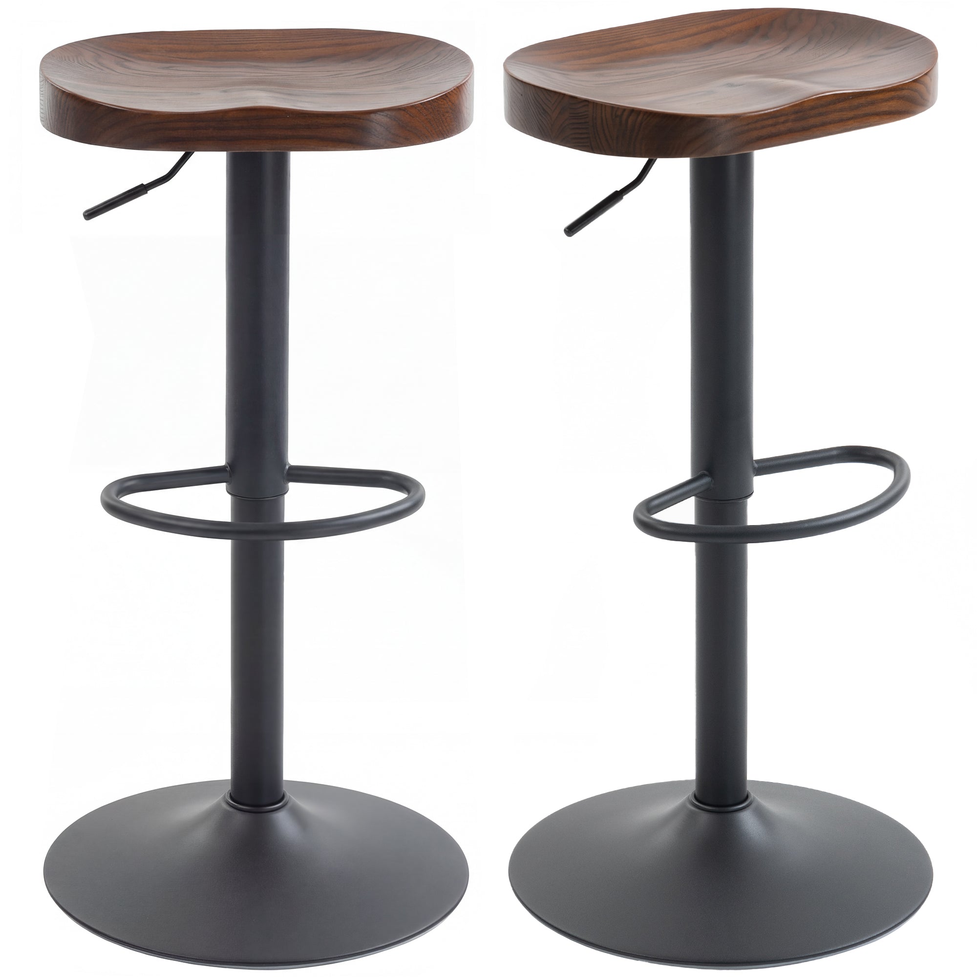 2-Pack Adjustable Swivel Bar Stools with Elm Saddle Seat, 24–32.3 in Height, Dark Brown/Black