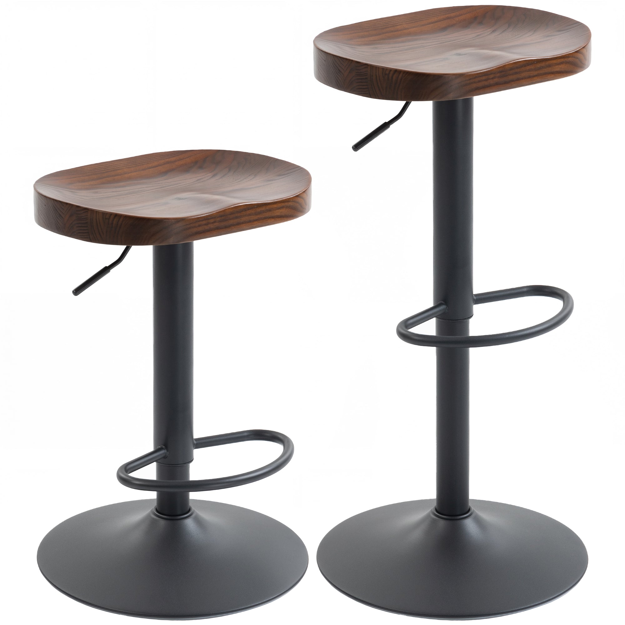 2-Pack Adjustable Swivel Bar Stools with Elm Saddle Seat, 24–32.3 in Height, Dark Brown/Black