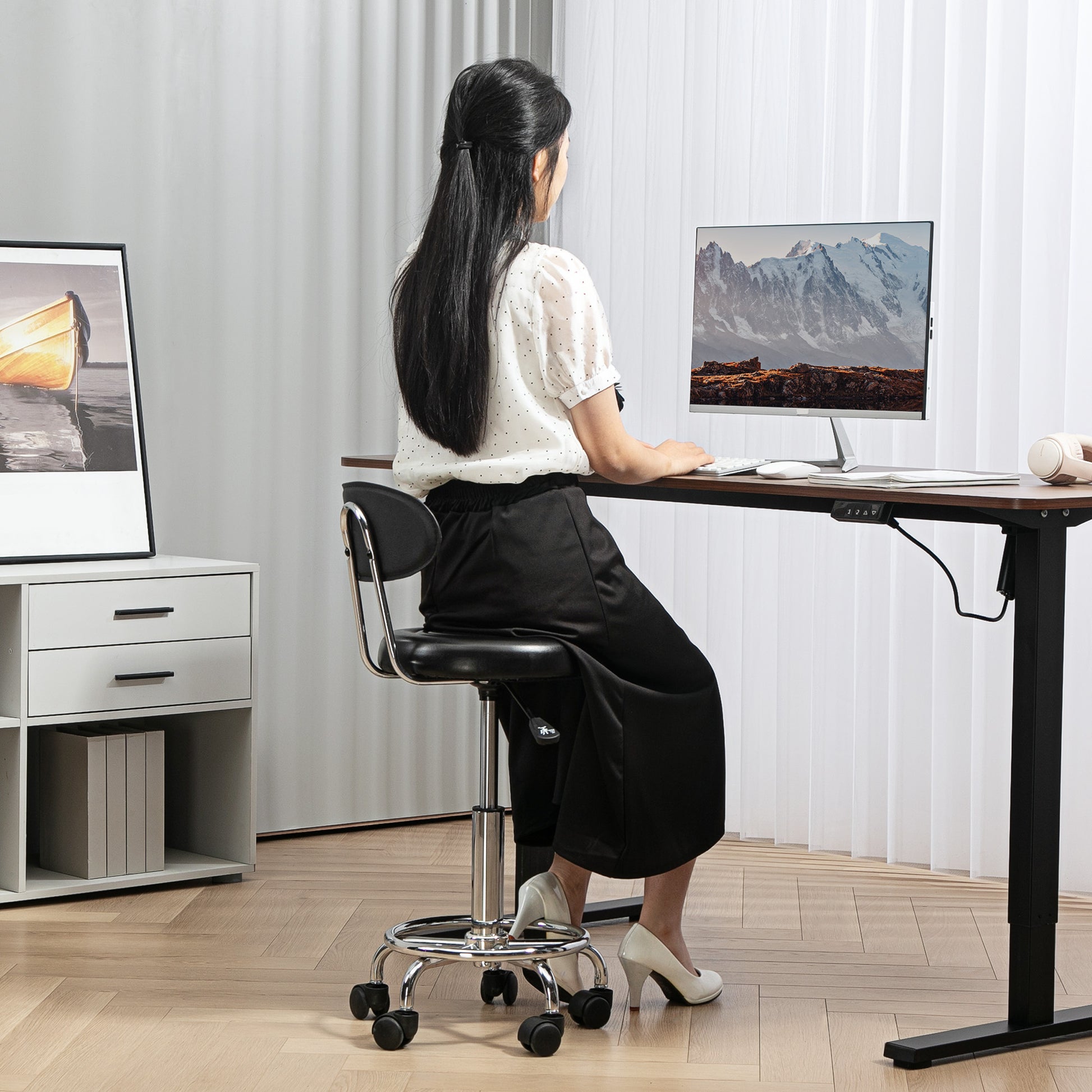 Adjustable Rolling Stool with Backrest, Wheels, Work Stool with Adjustable Footrest for Office, Faux Leather, 32 x 40 x 70-86 cm, Black