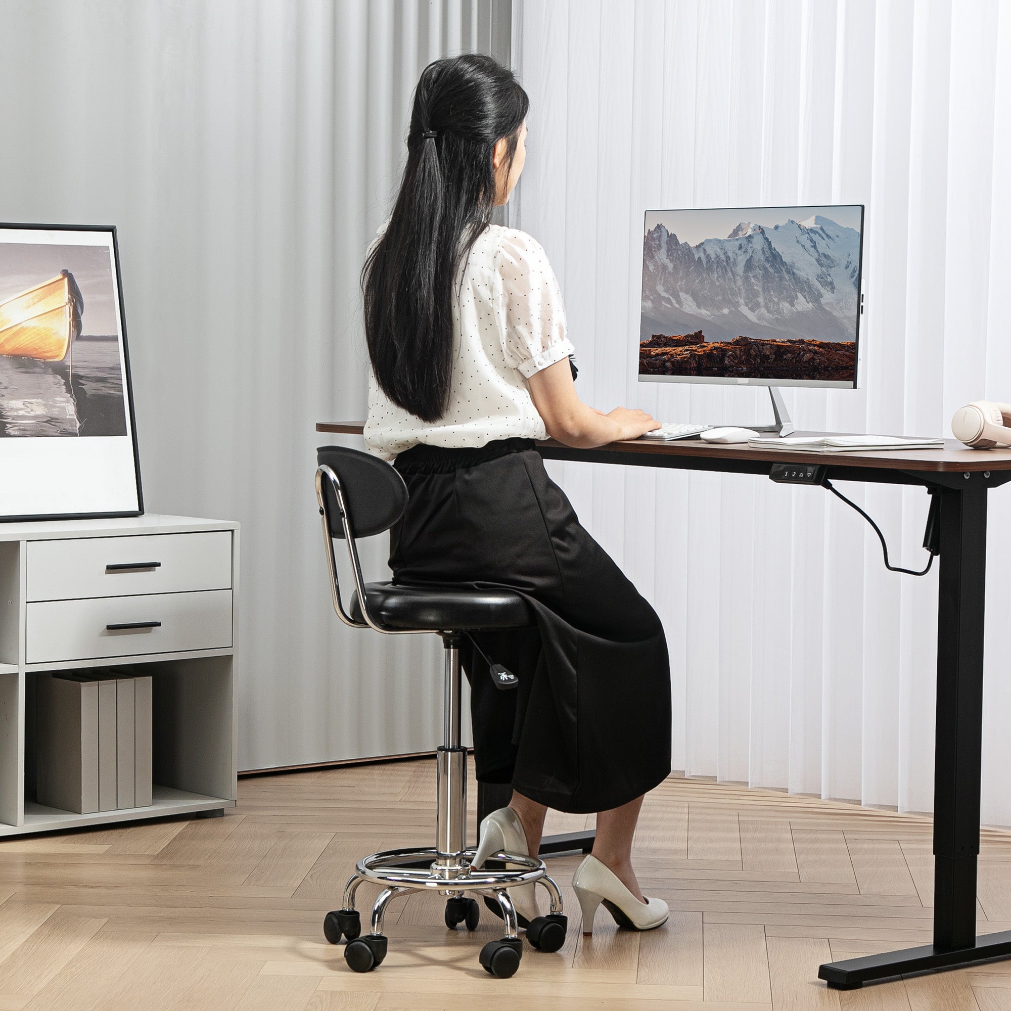 Adjustable Rolling Stool with Backrest, Wheels, Work Stool with Adjustable Footrest for Office, Faux Leather, 32 x 40 x 70-86 cm, Black