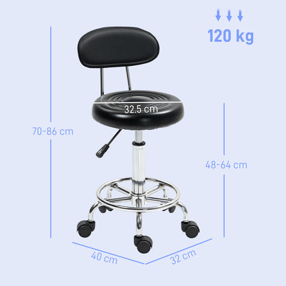 Adjustable Rolling Stool with Backrest, Wheels, Work Stool with Adjustable Footrest for Office, Faux Leather, 32 x 40 x 70-86 cm, Black