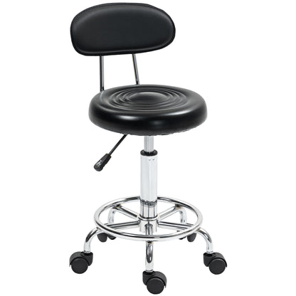 Adjustable Rolling Stool with Backrest, Wheels, Work Stool with Adjustable Footrest for Office, Faux Leather, 32 x 40 x 70-86 cm, Black
