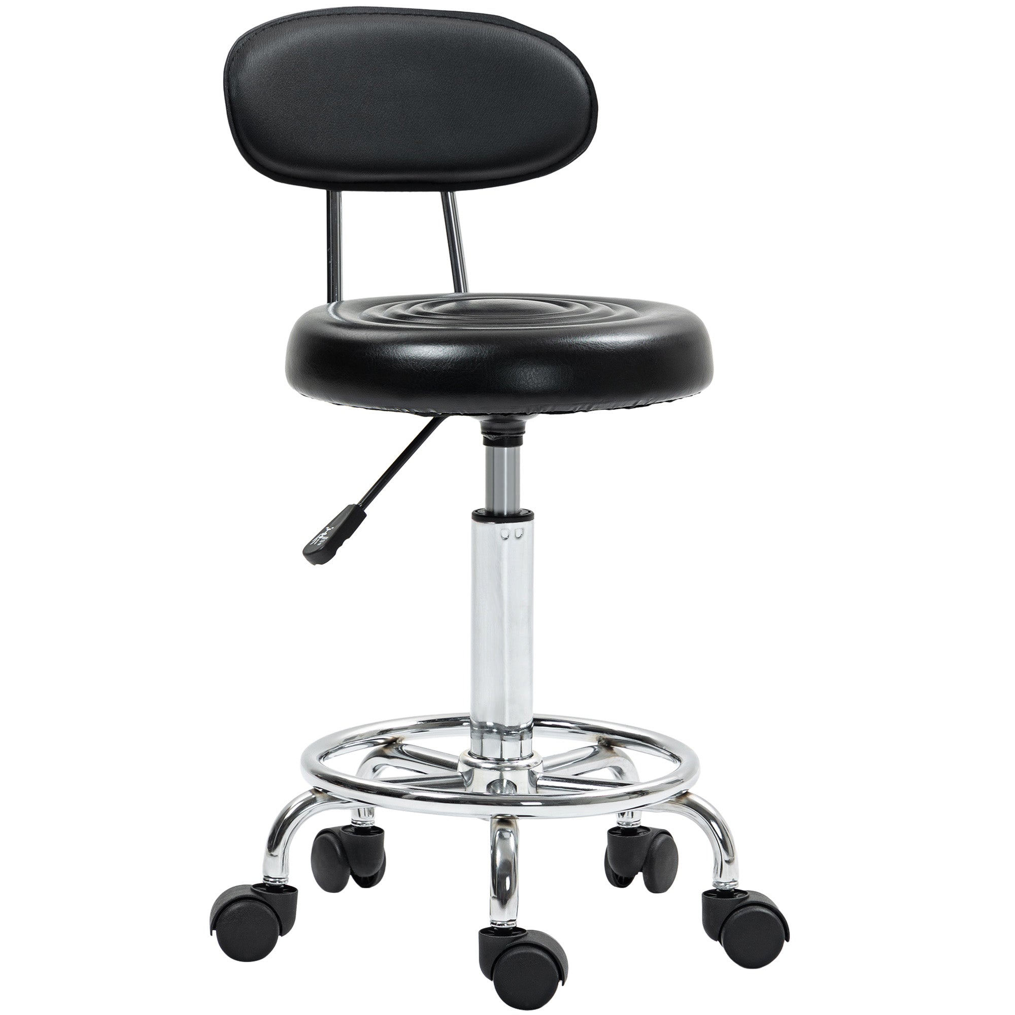 Adjustable Rolling Stool with Backrest, Wheels, Work Stool with Adjustable Footrest for Office, Faux Leather, 32 x 40 x 70-86 cm, Black