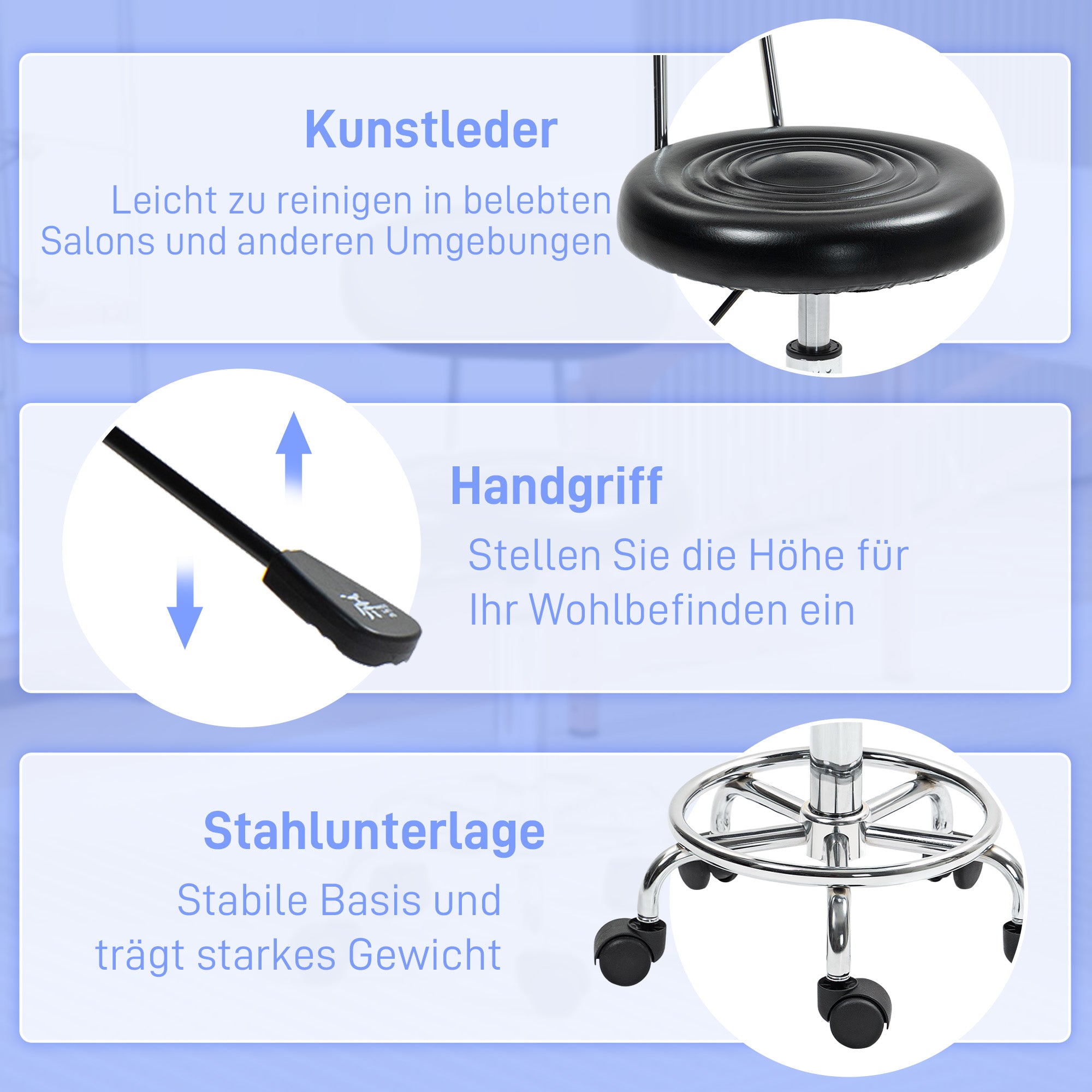 Adjustable Rolling Stool with Backrest, Wheels, Work Stool with Adjustable Footrest for Office, Faux Leather, 32 x 40 x 70-86 cm, Black