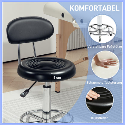 Adjustable Rolling Stool with Backrest, Wheels, Work Stool with Adjustable Footrest for Office, Faux Leather, 32 x 40 x 70-86 cm, Black