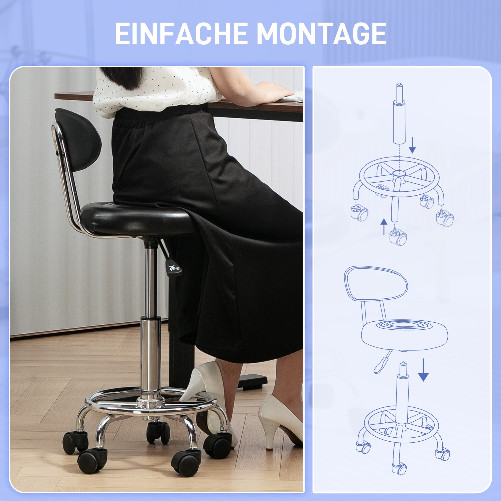 Adjustable Rolling Stool with Backrest, Wheels, Work Stool with Adjustable Footrest for Office, Faux Leather, 32 x 40 x 70-86 cm, Black
