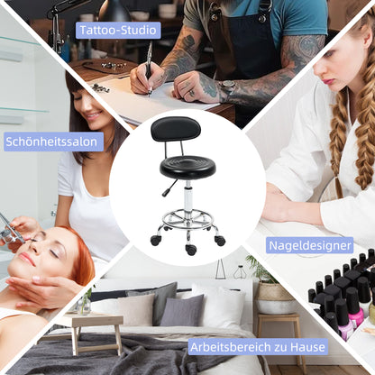 Adjustable Rolling Stool with Backrest, Wheels, Work Stool with Adjustable Footrest for Office, Faux Leather, 32 x 40 x 70-86 cm, Black