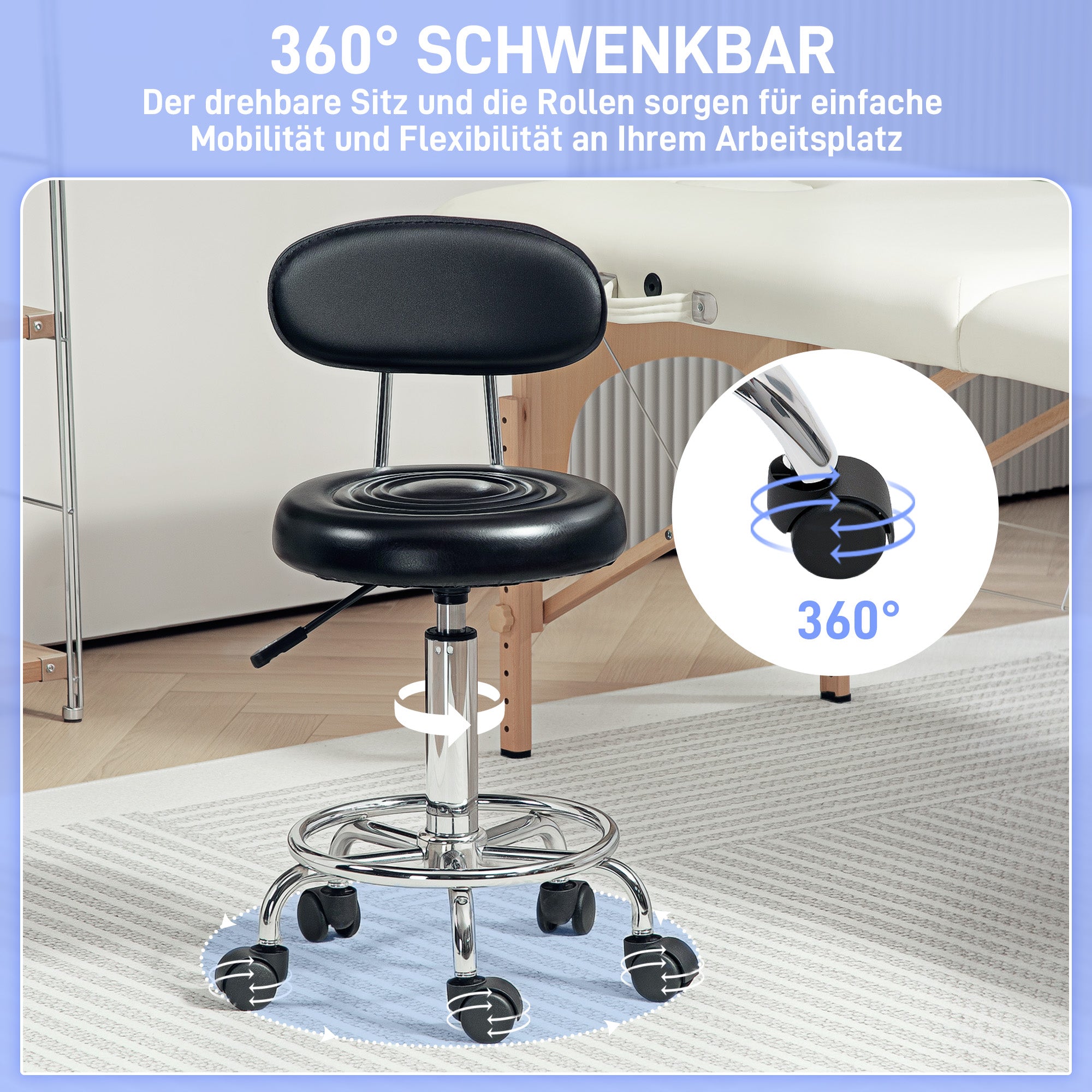 Adjustable Rolling Stool with Backrest, Wheels, Work Stool with Adjustable Footrest for Office, Faux Leather, 32 x 40 x 70-86 cm, Black