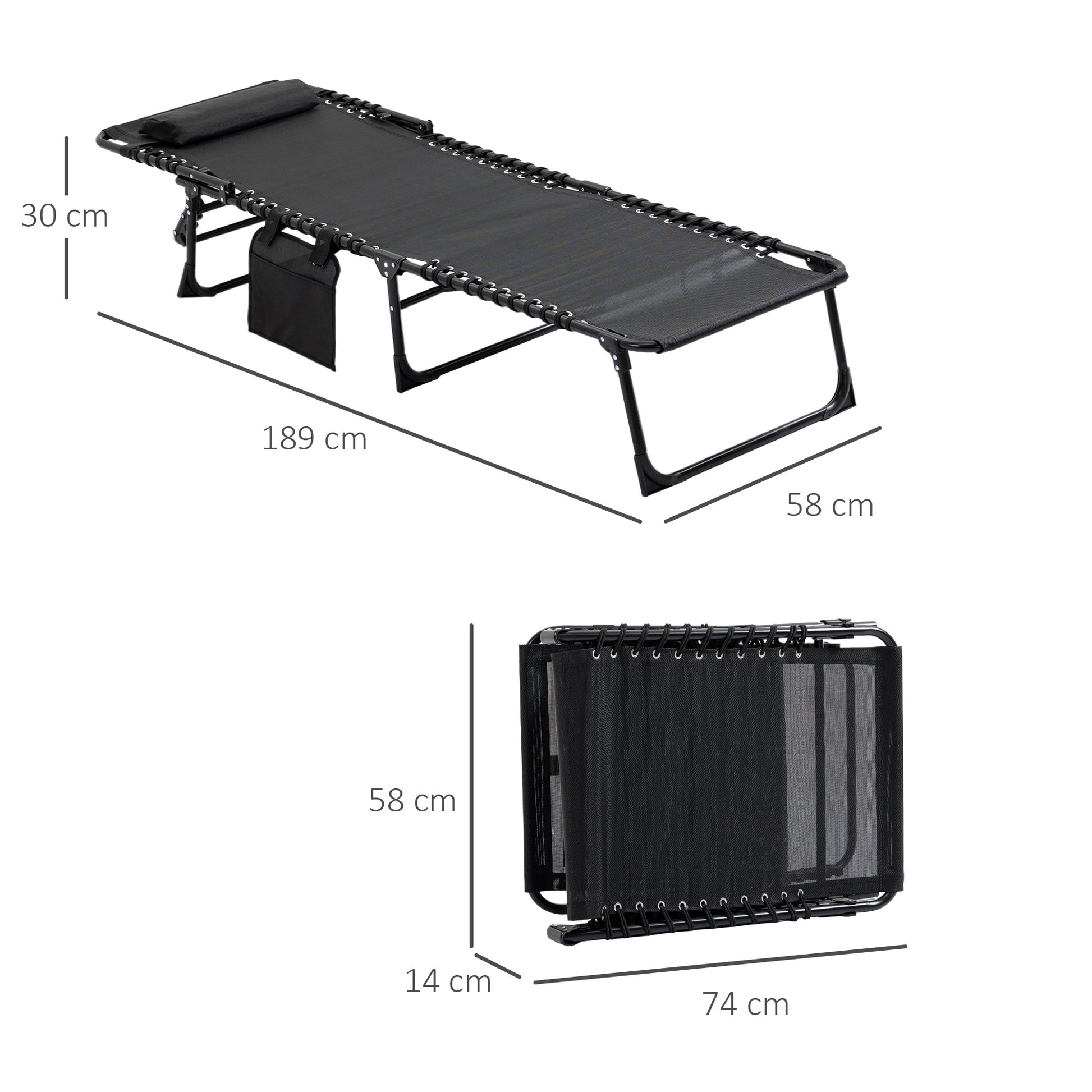Folding Sun Lounger Relaxing Sunbed Reclining Backrest 5 Levels Removable Headrest Integrated Side Pocket Textilene Coating Steel Dim. 189 x 58 x 30 cm Black